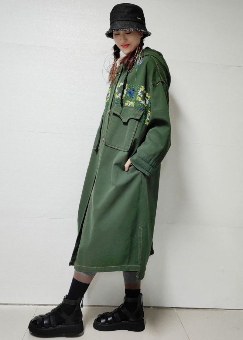 Løse Army Grønne Hettelommer Denim Lang Trench Coat Fall - Trenchcoats for kvinner