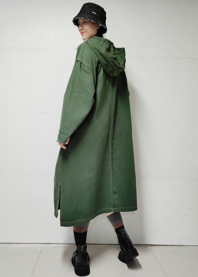 Løse Army Grønne Hettelommer Denim Lang Trench Coat Fall - Trenchcoats for kvinner