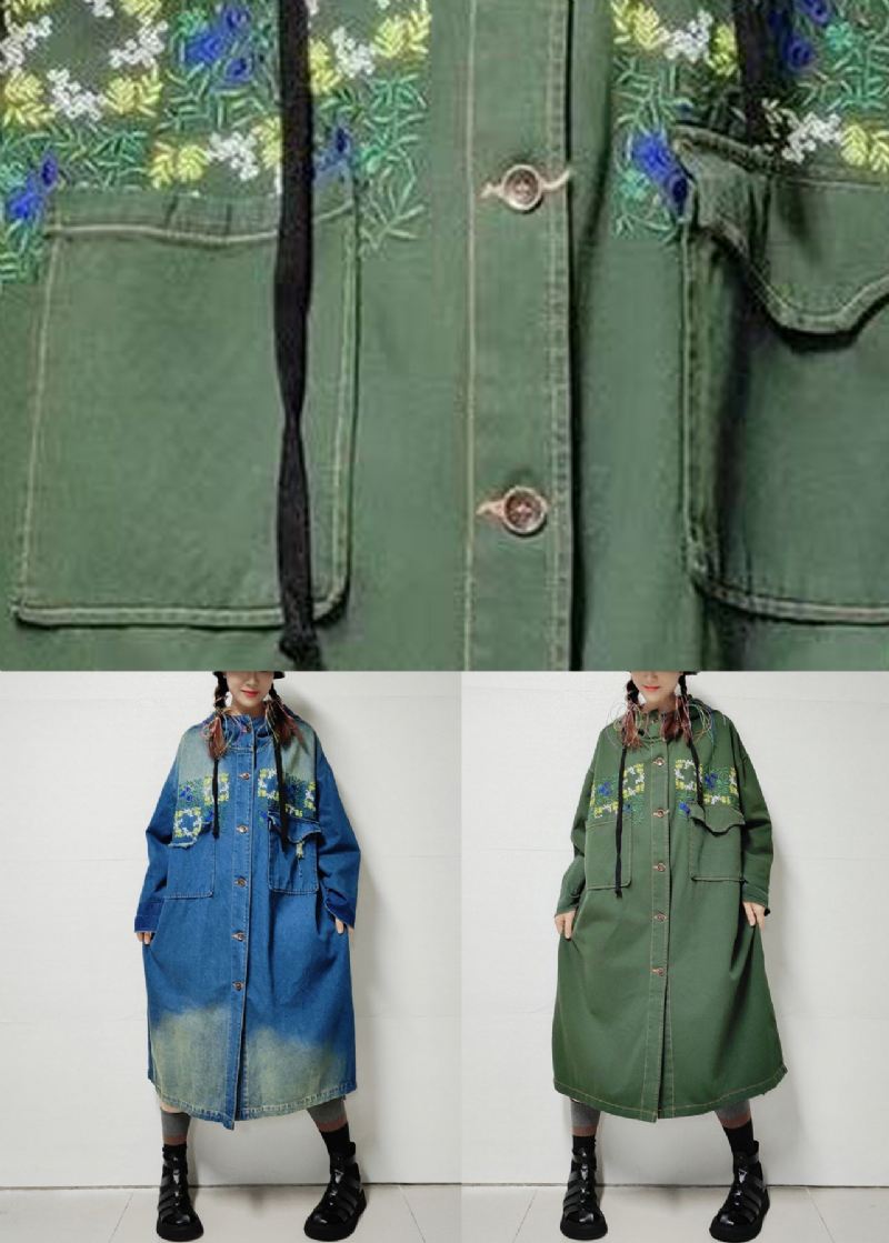 Løse Army Grønne Hettelommer Denim Lang Trench Coat Fall - Trenchcoats for kvinner