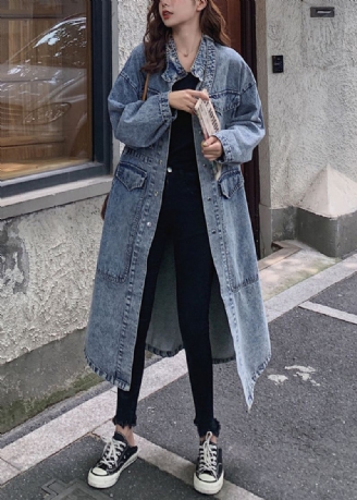 Løse Blå Knapplommer Patchwork Denim Lange Trench Coats Høst