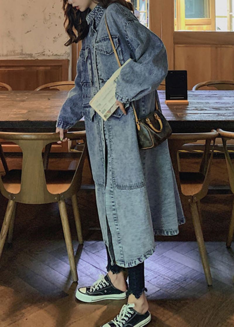 Løse Blå Knapplommer Patchwork Denim Lange Trench Coats Høst - Trenchcoats for kvinner