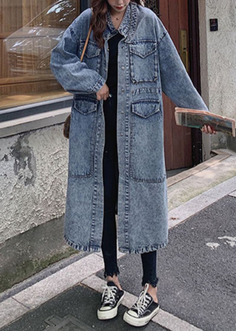 Løse Blå Knapplommer Patchwork Denim Lange Trench Coats Høst - Trenchcoats for kvinner