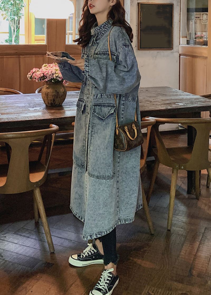 Løse Blå Knapplommer Patchwork Denim Lange Trench Coats Høst - Trenchcoats for kvinner