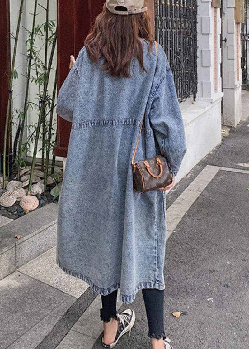 Løse Blå Knapplommer Patchwork Denim Lange Trench Coats Høst - Trenchcoats for kvinner