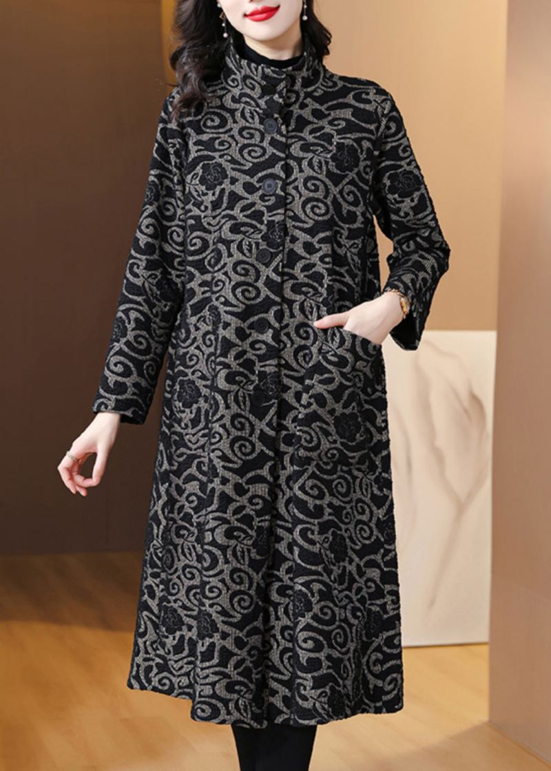 Løse Svarte Lommer Jacquard Cotton Trench Spring - Trenchcoats for kvinner