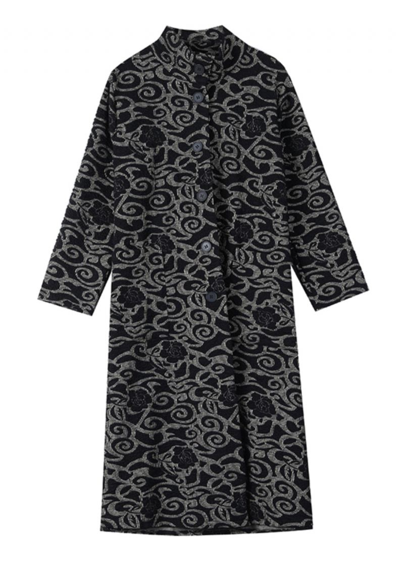 Løse Svarte Lommer Jacquard Cotton Trench Spring - Trenchcoats for kvinner