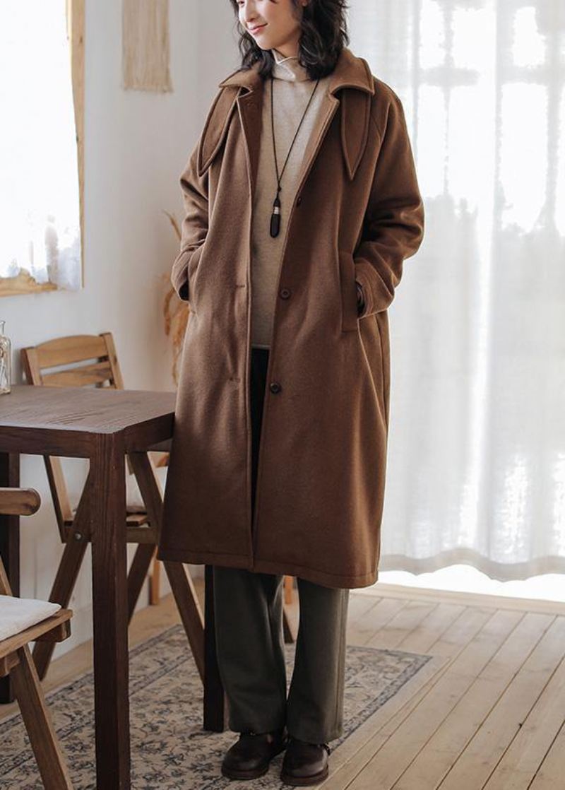 Luksus Brun Ullkåpe For Dame Oversize Lommer Notched Coats