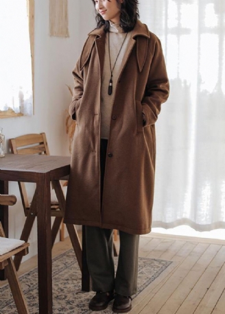 Luksus Brun Ullkåpe For Dame Oversize Lommer Notched Coats