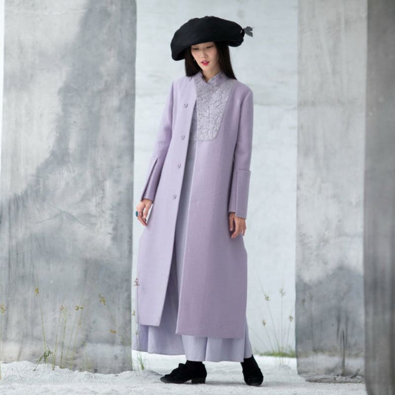 Luksus Lilla Ullkåper Trendy Plus Size Side Åpen Lang Vinterfrakk Brodert Yttertøy - Trenchcoats for kvinner