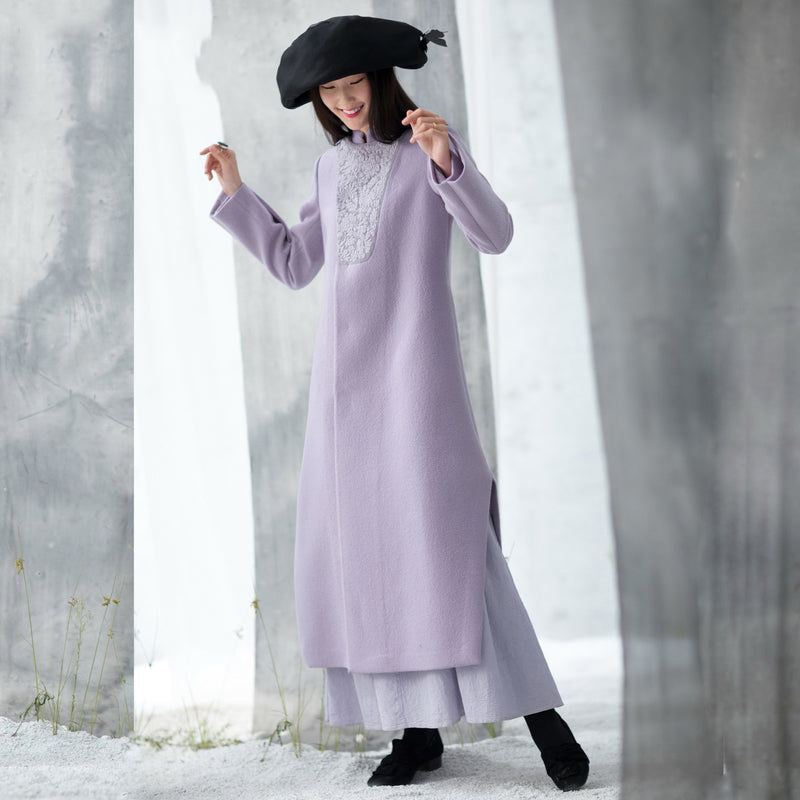 Luksus Lilla Ullkåper Trendy Plus Size Side Åpen Lang Vinterfrakk Brodert Yttertøy - Trenchcoats for kvinner