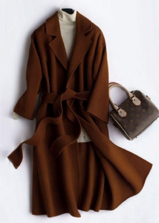 Luksus Oversize Trench Coat Brun Notched Tie Midje Ull Kvinner