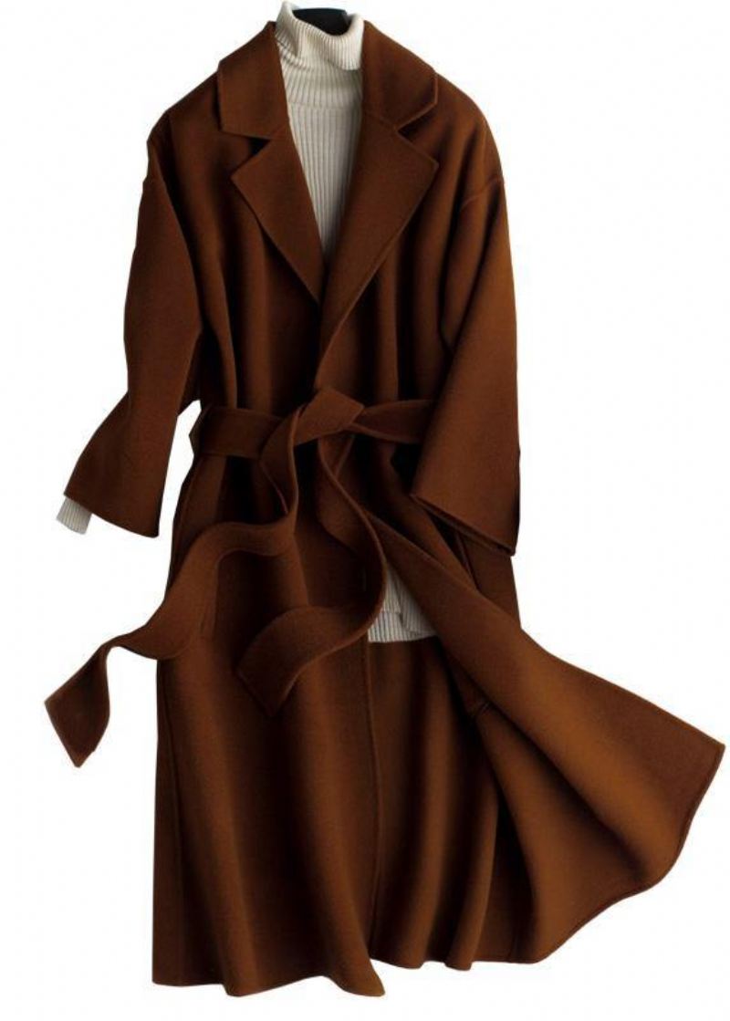 Luksus Oversize Trench Coat Brun Notched Tie Midje Ull Kvinner - Trenchcoats for kvinner