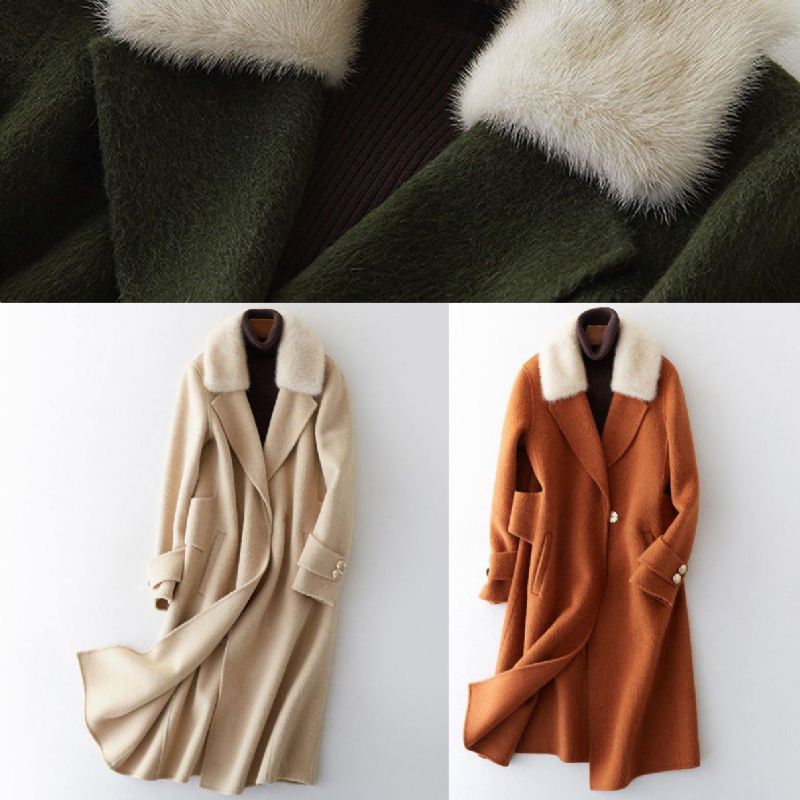 Luksus Oversize Trenchcoat Pelskrage Brun Utkantet Ullfrakk - Trenchcoats for kvinner