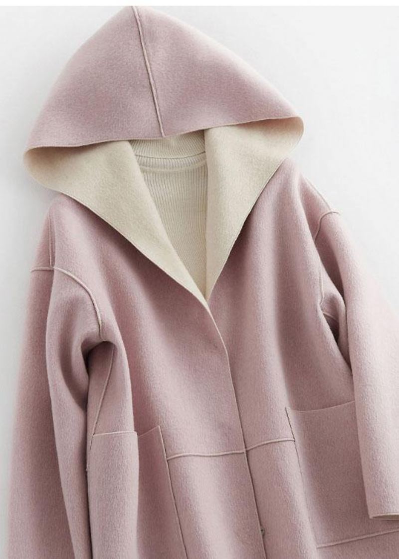 Luksus Oversize Vinterfrakk Hette Ull Yttertøy Rosa Lommer Ullkåpe - Trenchcoats for kvinner