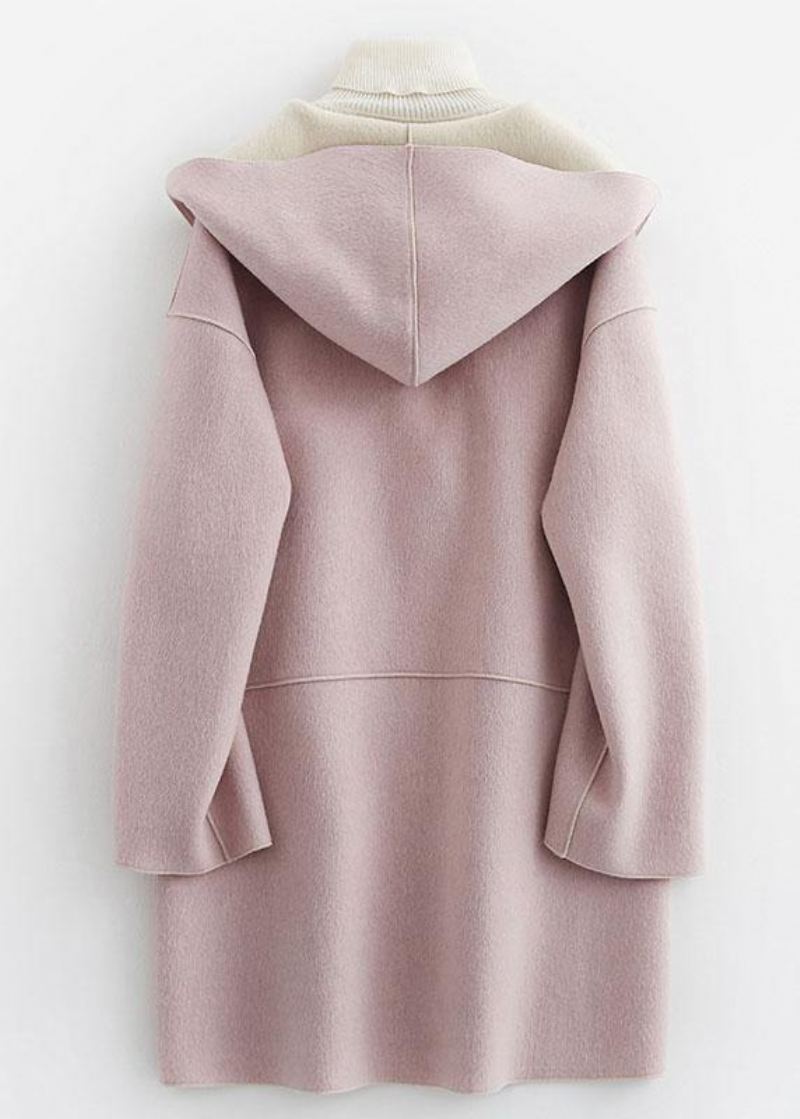 Luksus Oversize Vinterfrakk Hette Ull Yttertøy Rosa Lommer Ullkåpe - Trenchcoats for kvinner