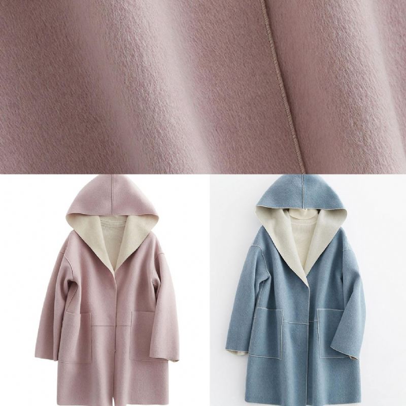 Luksus Oversize Vinterfrakk Hette Ull Yttertøy Rosa Lommer Ullkåpe - Trenchcoats for kvinner