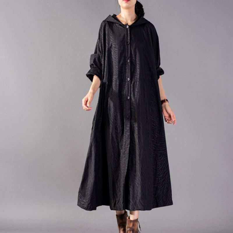 Luksus Sorte Kåper Oversize Hette Mote Trenchcoat Fin Baggy Vinterfrakk