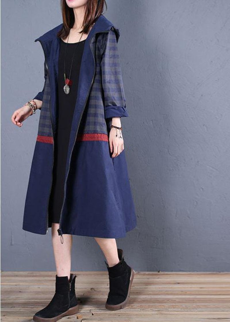 Luksus Trendy Plus Size Maxi Kåpe Høstblå Hette Patchwork - Trenchcoats for kvinner