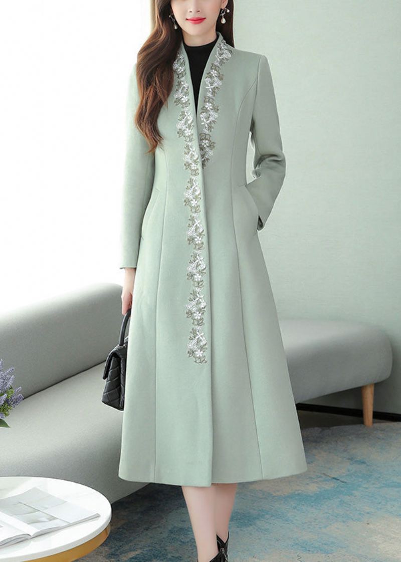 Mintgrønn Brodert Blomsterull Maxi Trench Coat Langermet