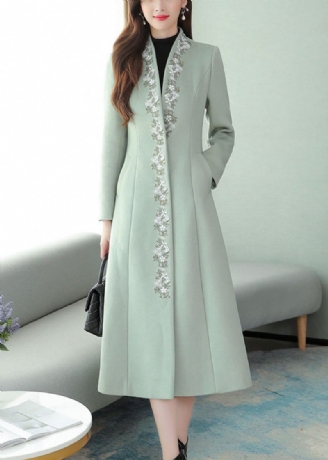 Mintgrønn Brodert Blomsterull Maxi Trench Coat Langermet