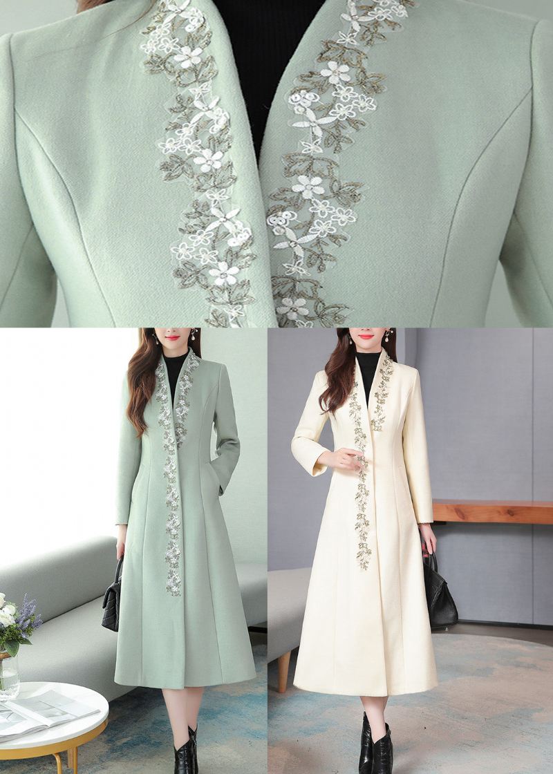 Mintgrønn Brodert Blomsterull Maxi Trench Coat Langermet - Mintgrønn