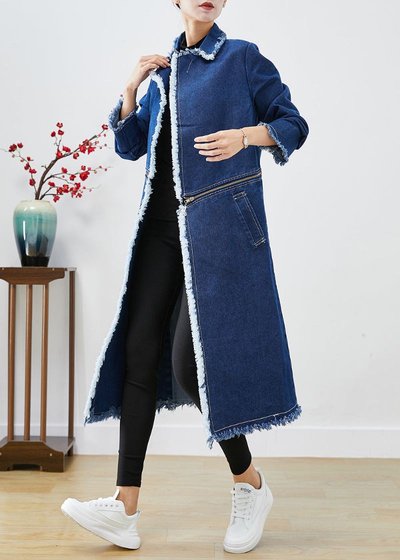 Moderne Blå Glidelås Slitasje På Begge Sider Denim Trench Coats Fall - Trenchcoats for kvinner