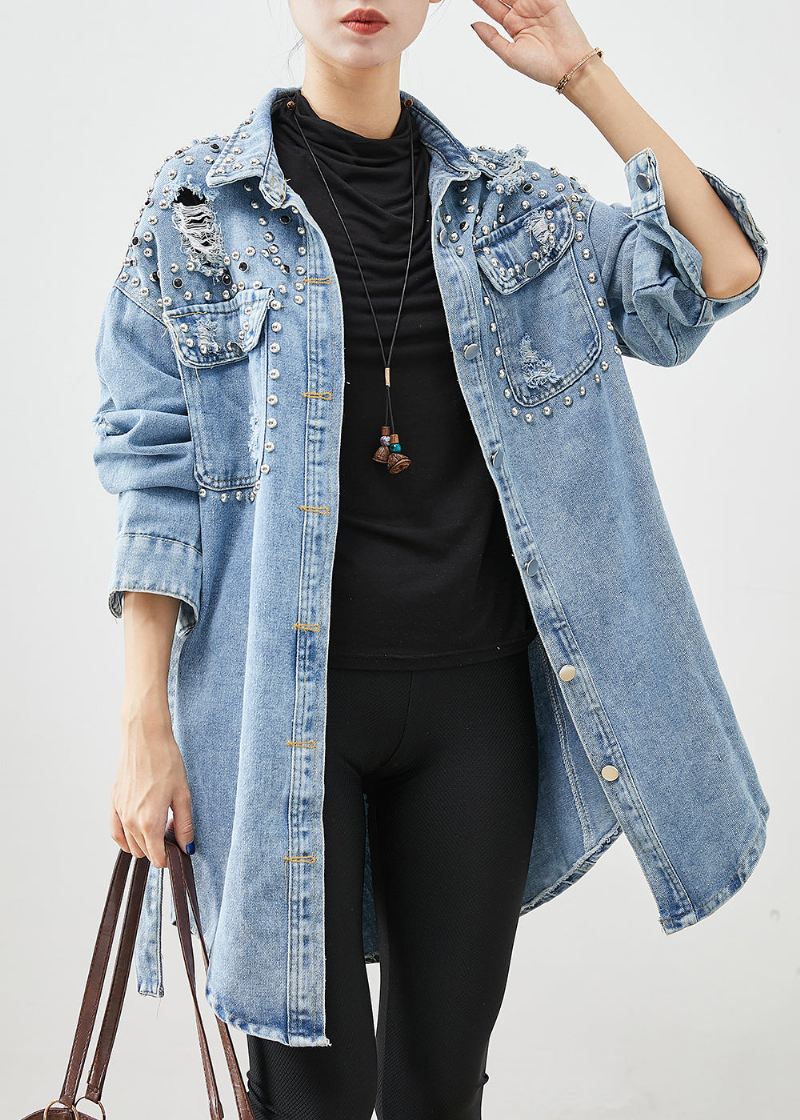 Moderne Denim Blue Rivet Cotton Ripped Coats Fall