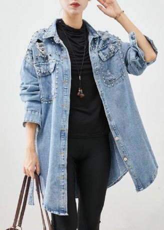 Moderne Denim Blue Rivet Cotton Ripped Coats Fall