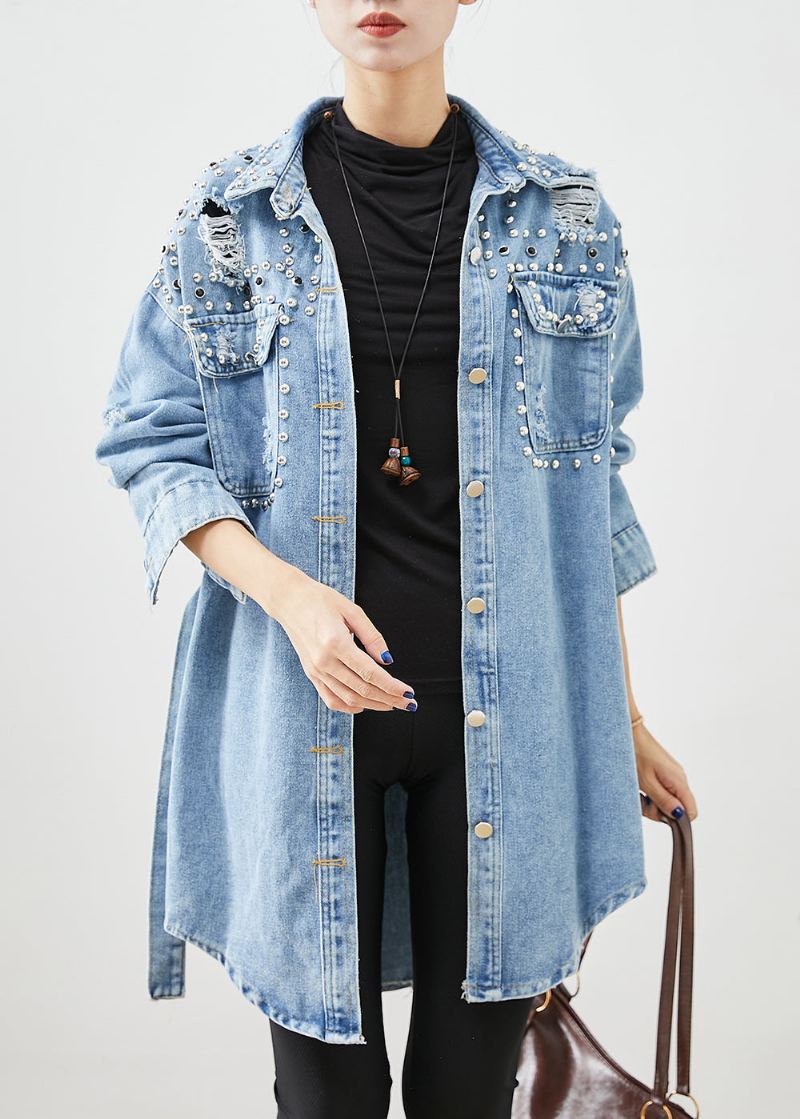 Moderne Denim Blue Rivet Cotton Ripped Coats Fall - Trenchcoats for kvinner