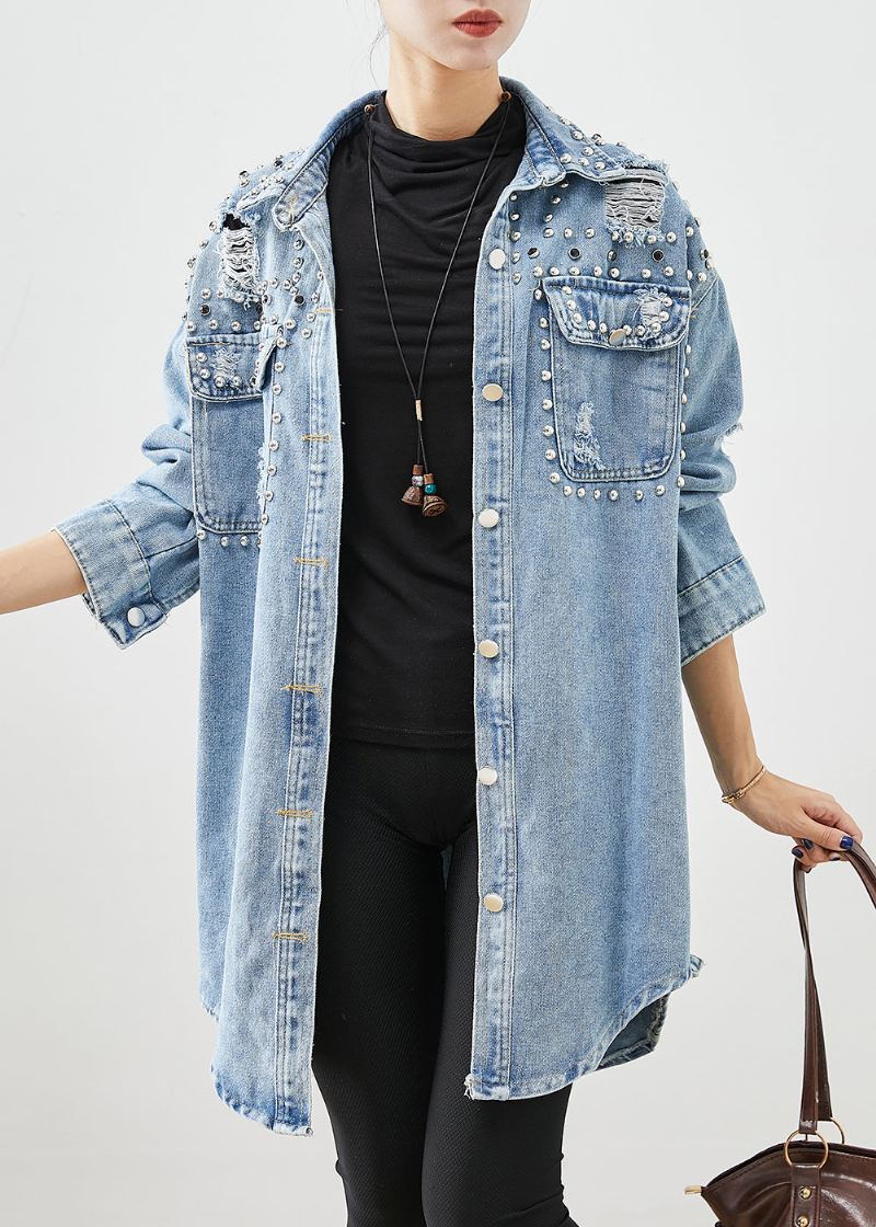 Moderne Denim Blue Rivet Cotton Ripped Coats Fall - Trenchcoats for kvinner