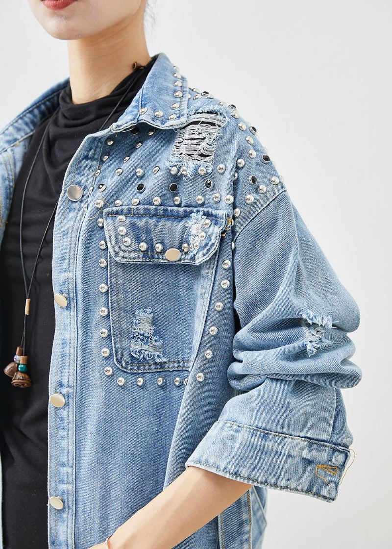 Moderne Denim Blue Rivet Cotton Ripped Coats Fall - Trenchcoats for kvinner