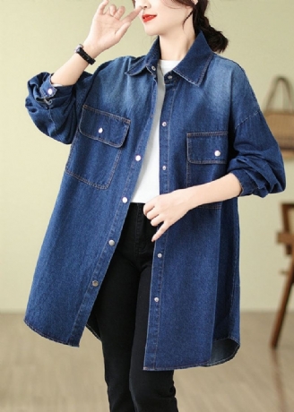 Moderne Denimblå Overdimensjonerte Lommer Cotton Coat Spring