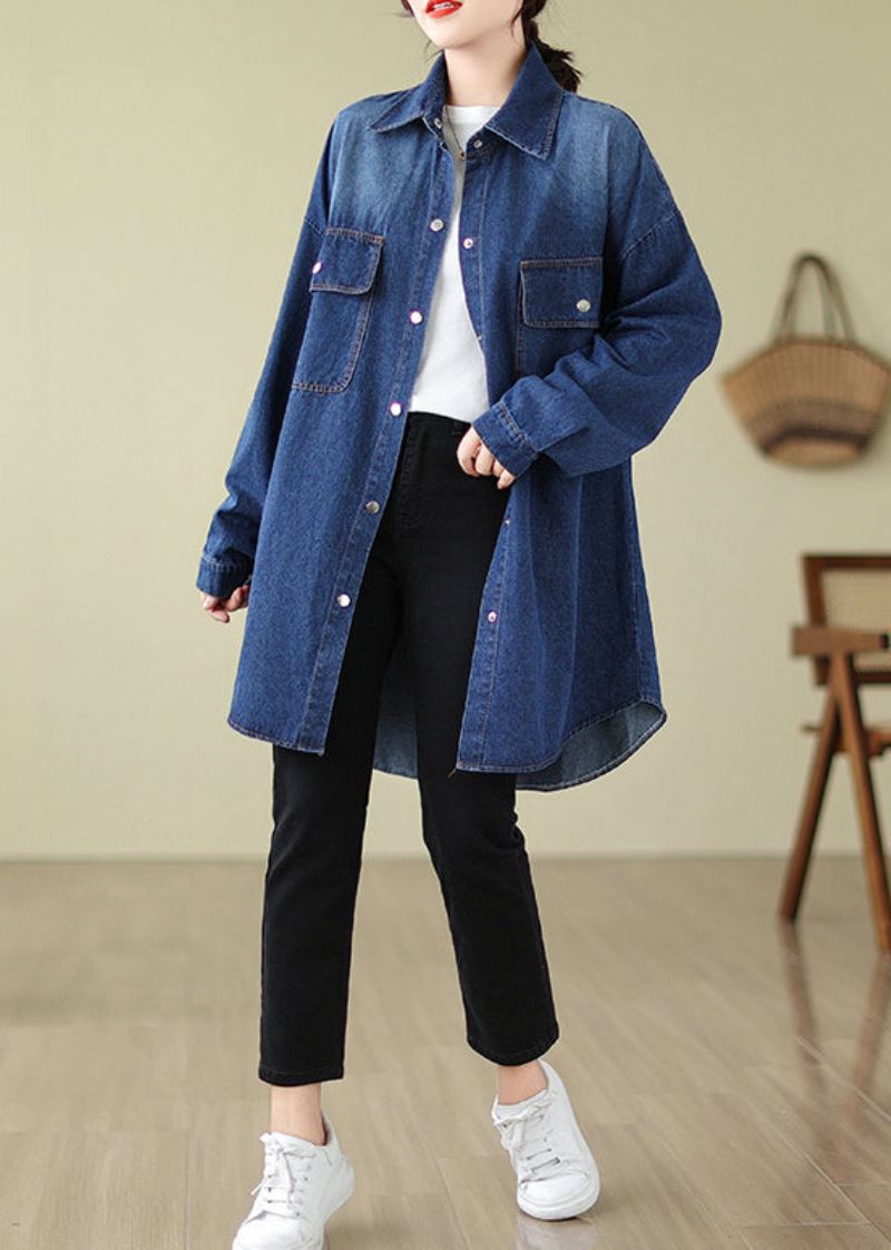 Moderne Denimblå Overdimensjonerte Lommer Cotton Coat Spring - Trenchcoats for kvinner