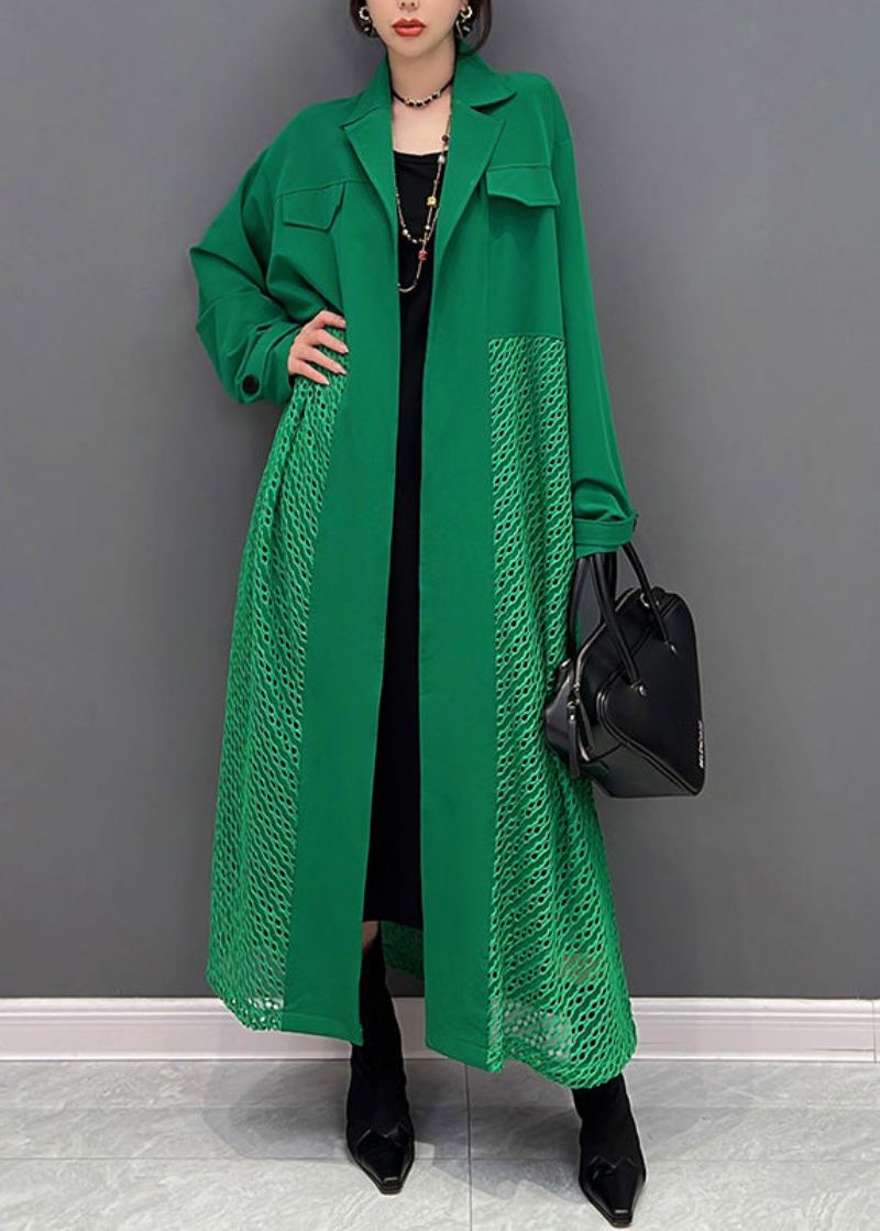 Moderne Grønn Notched Maxi Trench Coats Spring - Trenchcoats for kvinner