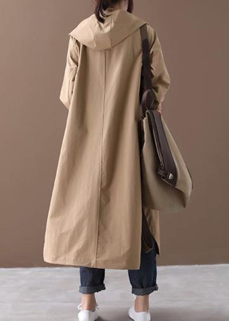 Moderne Hette Store Lommer Fine Klær For Kvinner Khaki Baggy Coat - Khaki