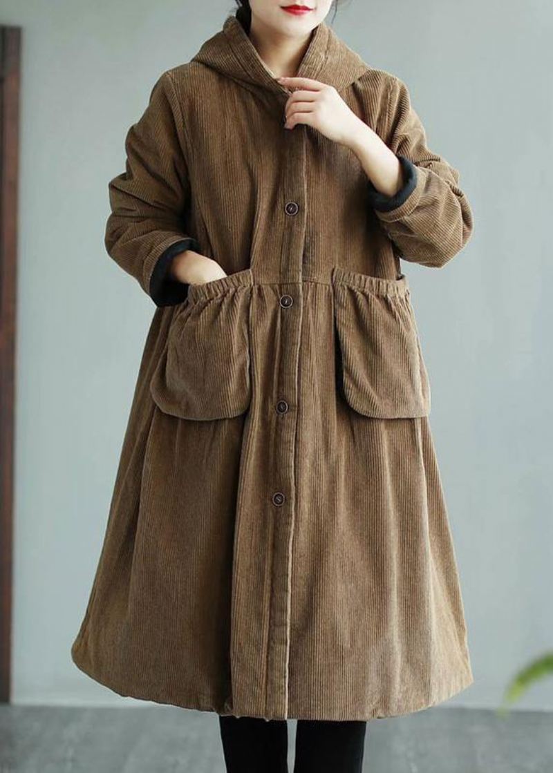 Moderne Hettelommer Mote Maxi Coat Khaki Daily Outwear