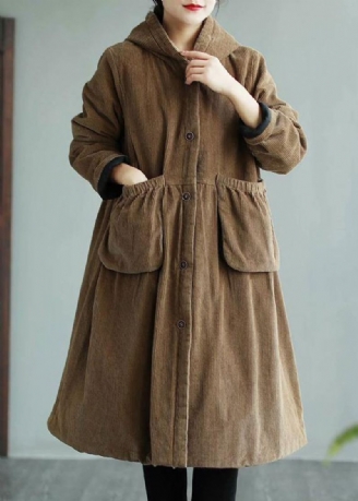 Moderne Hettelommer Mote Maxi Coat Khaki Daily Outwear