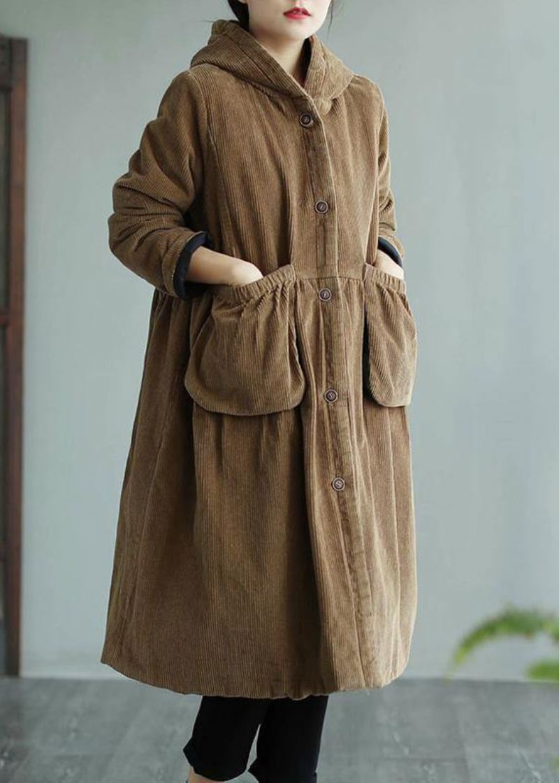 Moderne Hettelommer Mote Maxi Coat Khaki Daily Outwear - Khaki