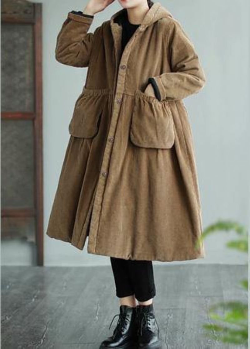 Moderne Hettelommer Mote Maxi Coat Khaki Daily Outwear - Khaki