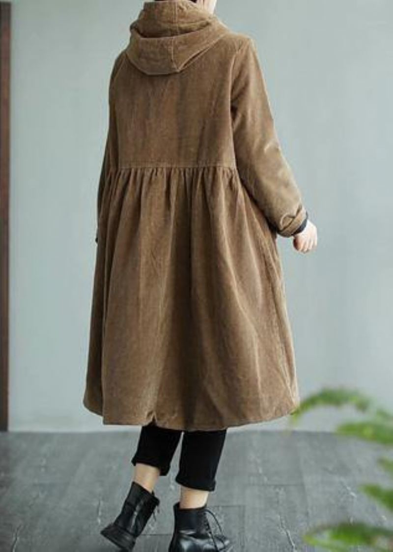 Moderne Hettelommer Mote Maxi Coat Khaki Daily Outwear - Khaki