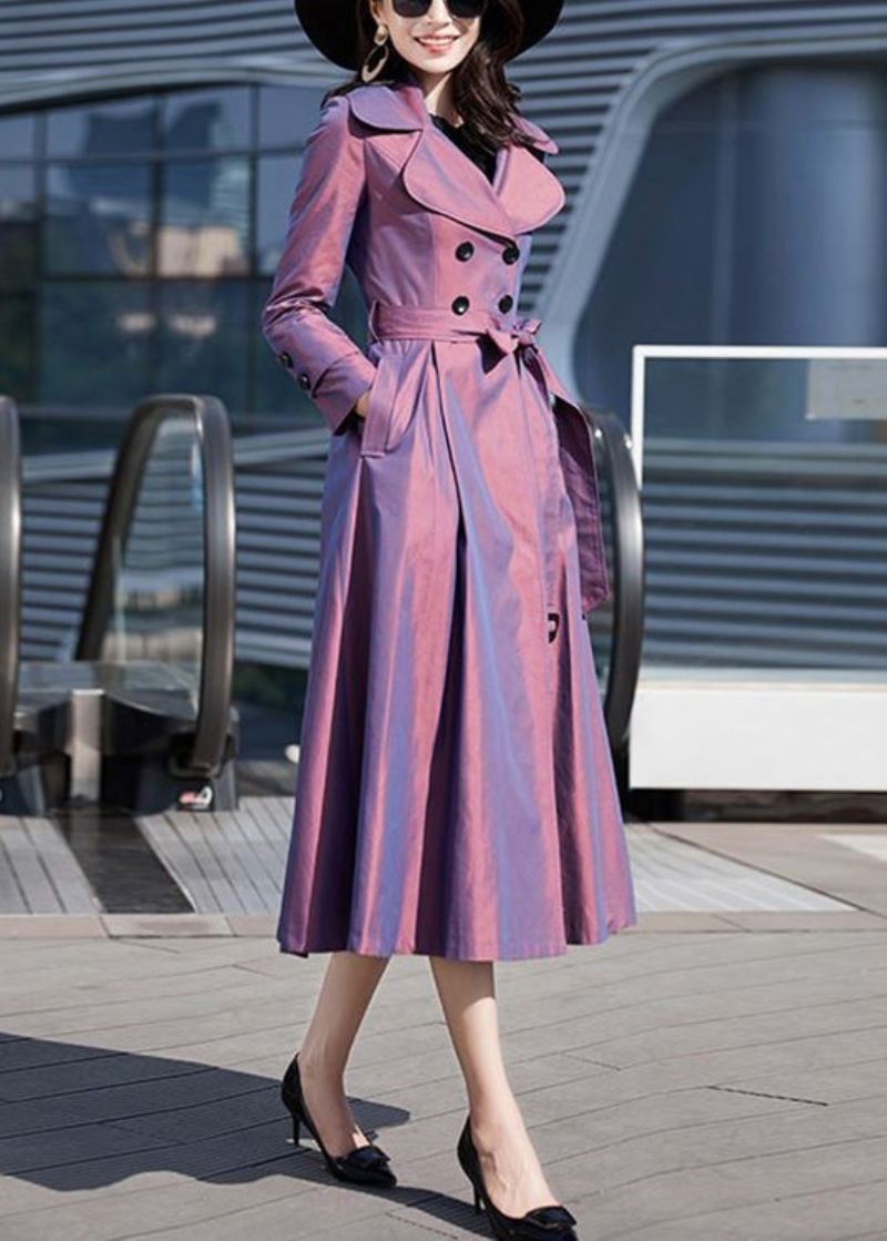 Moderne Lilla Slips Midjeknapp Bomull Lang Trenchcoat Langermet - Trenchcoats for kvinner