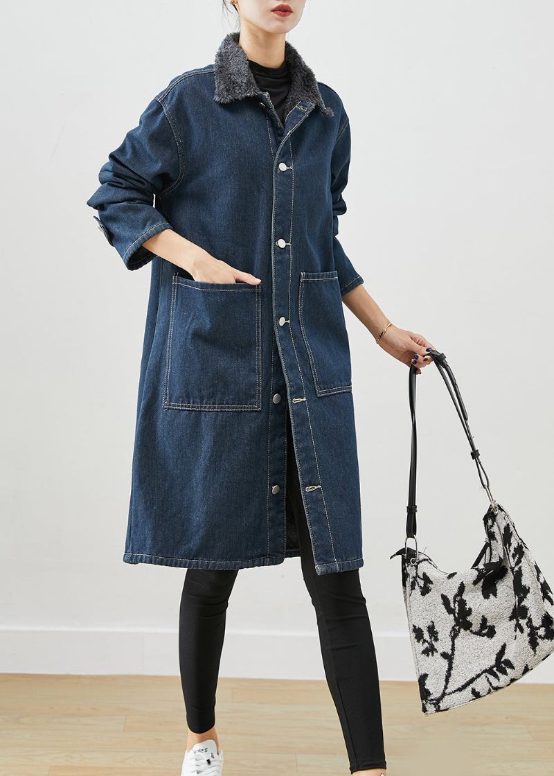 Moderne Marineblå Peter Pan Kragelommer Varm Fleece Denimkåper Vinter - Trenchcoats for kvinner