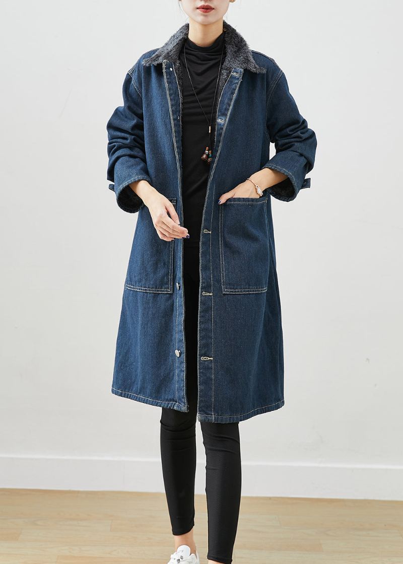 Moderne Marineblå Peter Pan Kragelommer Varm Fleece Denimkåper Vinter - Trenchcoats for kvinner