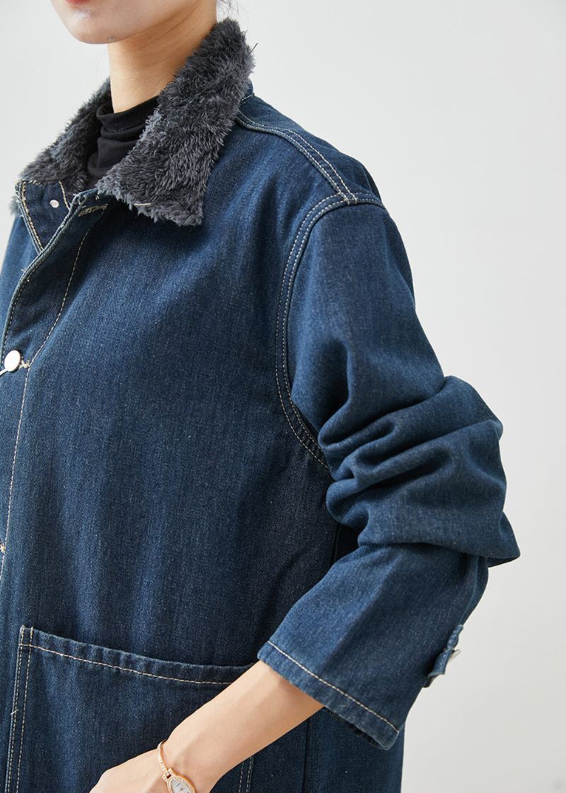 Moderne Marineblå Peter Pan Kragelommer Varm Fleece Denimkåper Vinter - Trenchcoats for kvinner