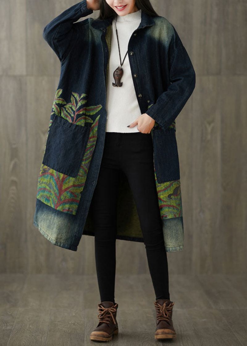 Montert Marineblå Peter Pan Krage Lommer Print Denim Trench Spring