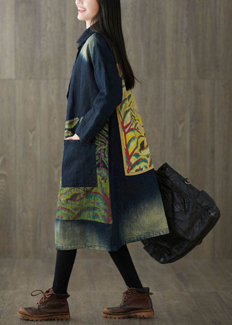 Montert Marineblå Peter Pan Krage Lommer Print Denim Trench Spring - Trenchcoats for kvinner