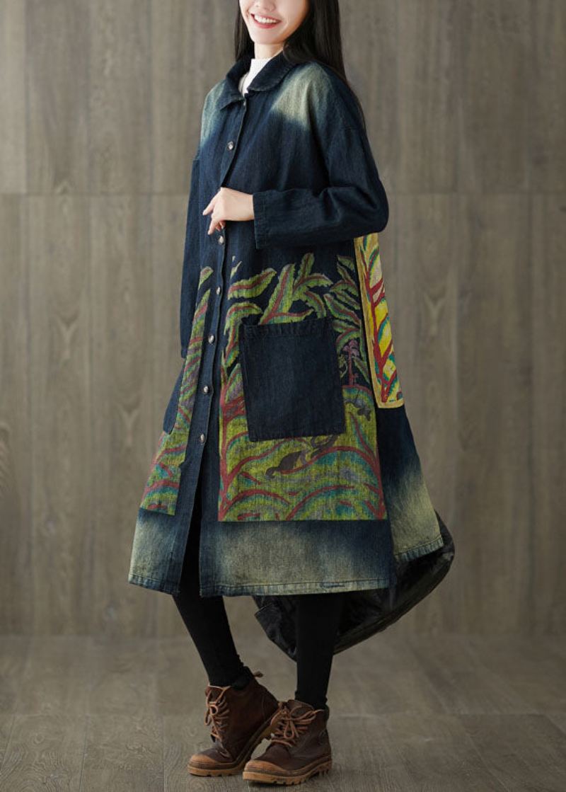 Montert Marineblå Peter Pan Krage Lommer Print Denim Trench Spring - Trenchcoats for kvinner