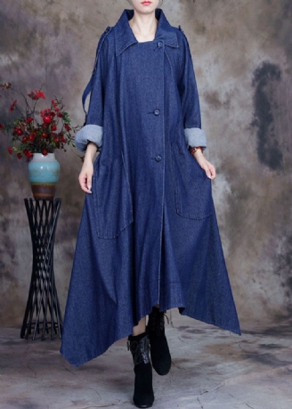 Mote Blå Asymmetrisk Designknapp Peter Pan Krage Bomull Denim Trench Coats Spring