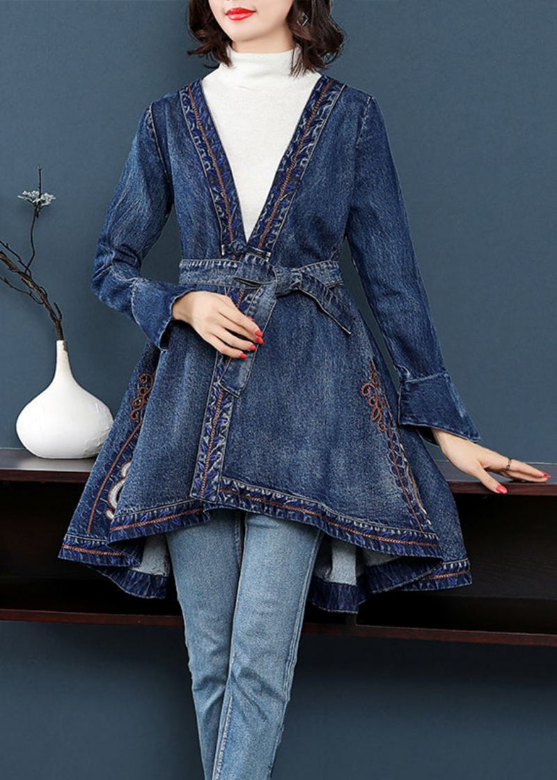 Mote Blå Lav Høy Design V-hals Brodert Bomull Denim Trenchcoats Langermet - Trenchcoats for kvinner