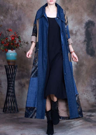 Mote Blå Slips I Midjen Peter Pan Krage Patchwork Bomull Denim Trench Spring